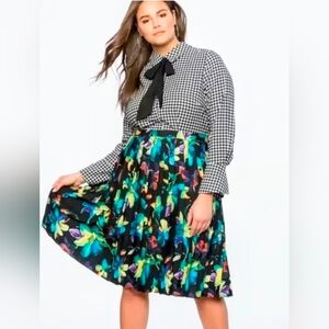 ELOQUII Retro Houndstooth Floral Pleated Midi‎ Dress - Size 18